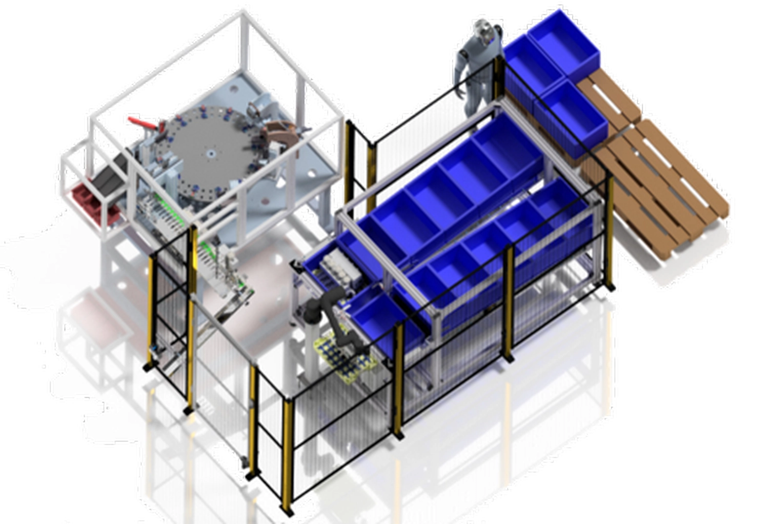 WI Automtisierungstechnik GmbH - Industrielle Automatisierung - 3D-Industrie-Automatisierungslinie für Materialhandhabung und Verpackung, wahrscheinlich ein Depalettierungs- und Fördersystem.